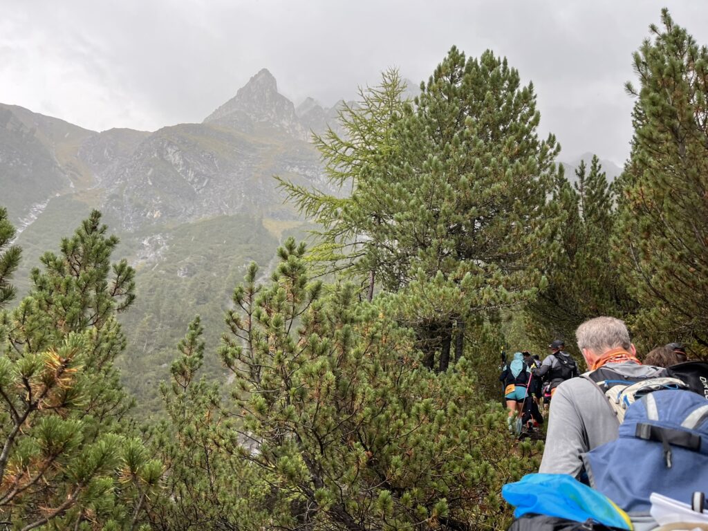 Wanderer beim Transalpine Run 2025 in den Bergen, umgeben von Bäumen und Nebel. - We Run 4 Fun!